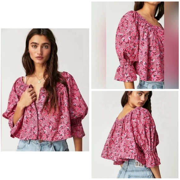 Free People James Smocked Floral Pink Blouse Size Large - Picture 2 of 16